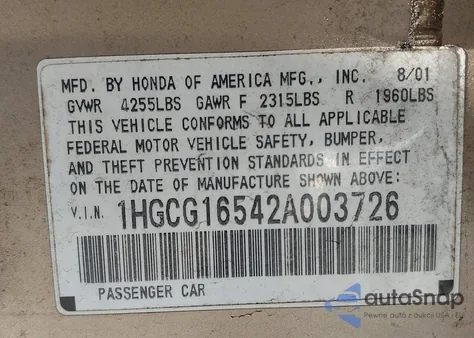 2002 Honda Accord 3.0 Ex z USA, uszkodzony, nr VIN 1HGCG16542A003726